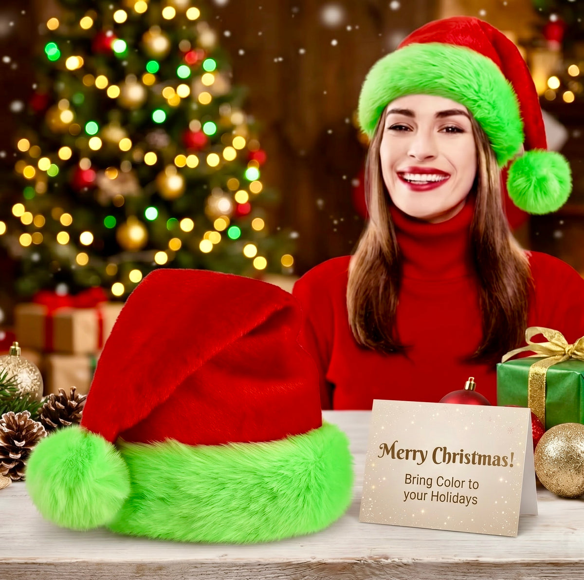 Unisex Holiday Cheer Christmas Hat – Plush Red Velvet & Grinch-Green Furry Trim Santa Cap for Festive Parties & Holiday Photos