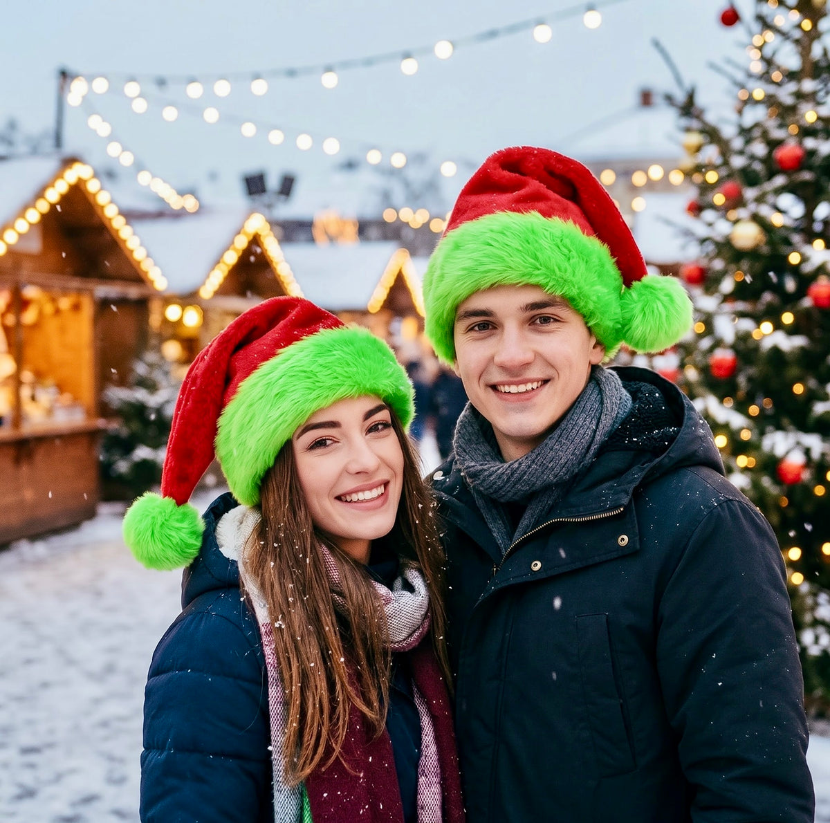 Unisex Holiday Cheer Christmas Hat – Plush Red Velvet & Grinch-Green Furry Trim Santa Cap for Festive Parties & Holiday Photos