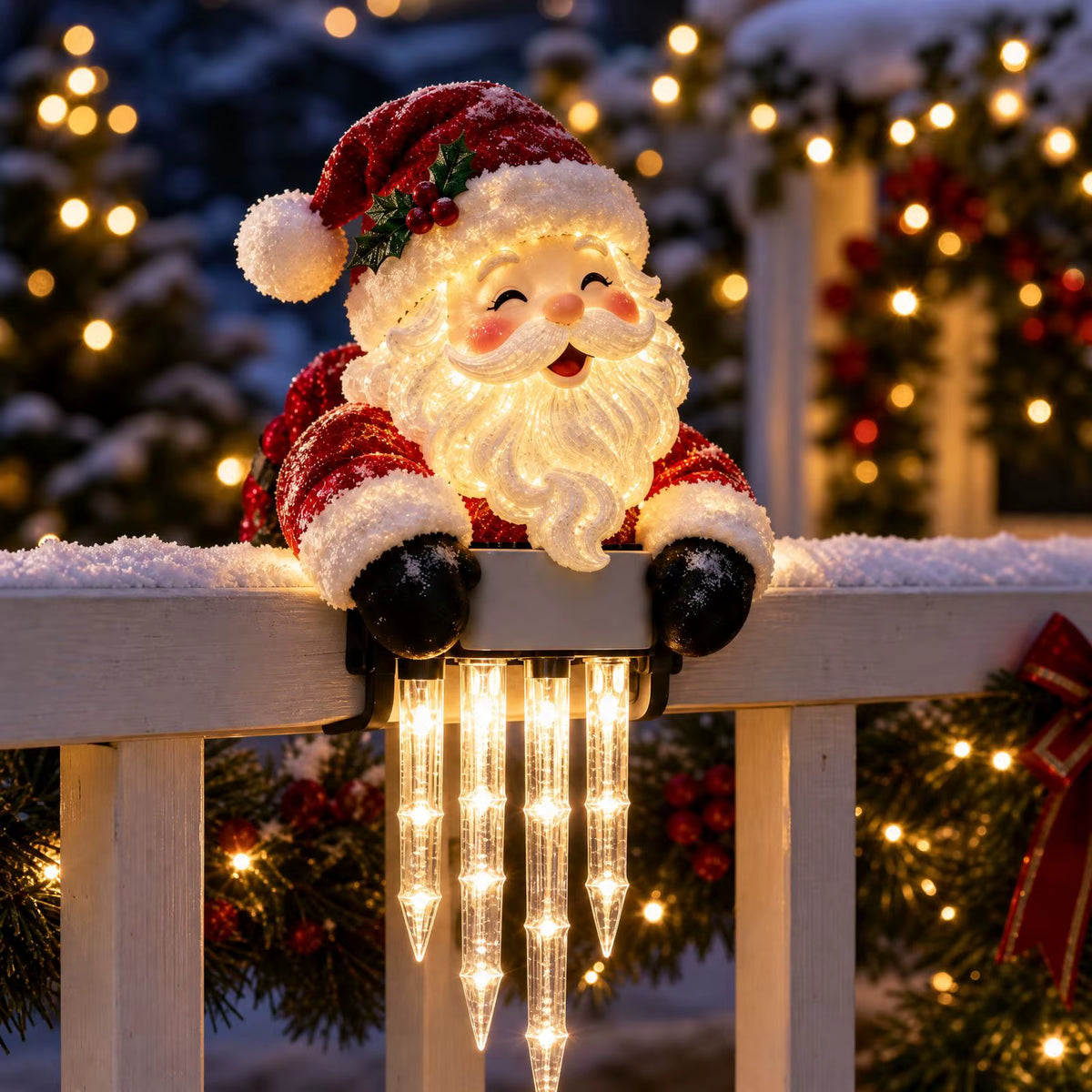 Christmas Porch Railing Decoration with Snowman, Santa, Reindeer and Penguin