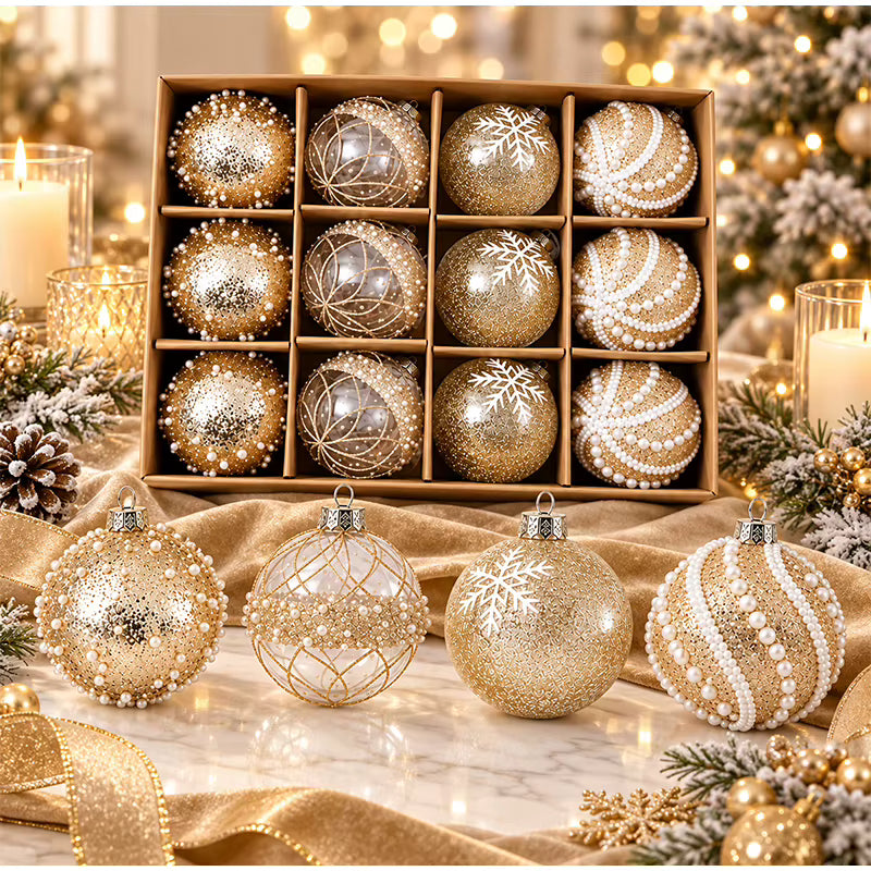 Premium Champagne Gold Christmas Ornaments – 12 Decorative Tree Balls