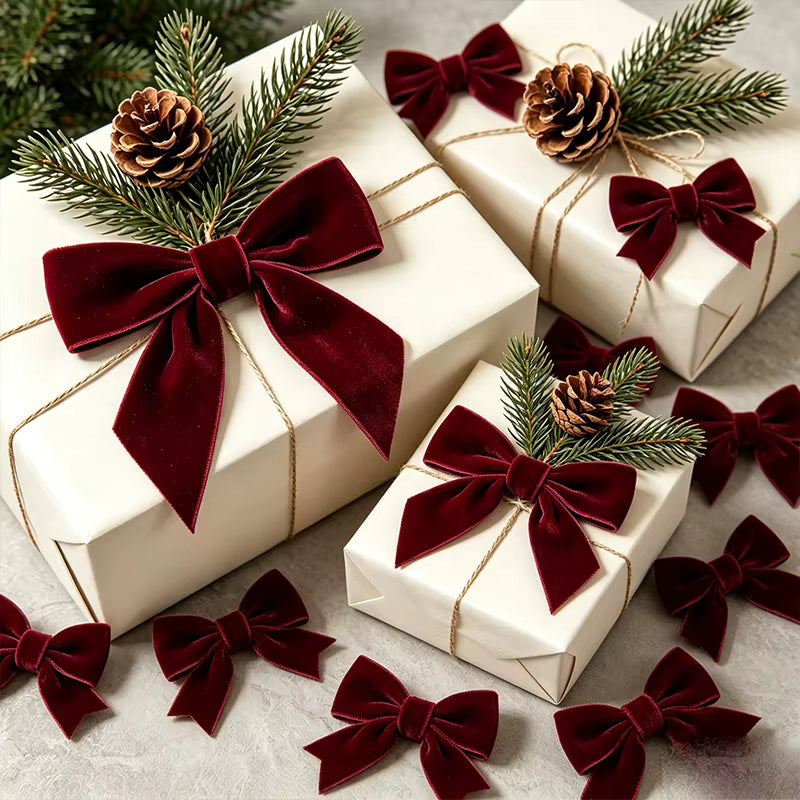 Vintage Red Velvet Christmas Bow Set – Decorative Ornaments for Tree & Gifts