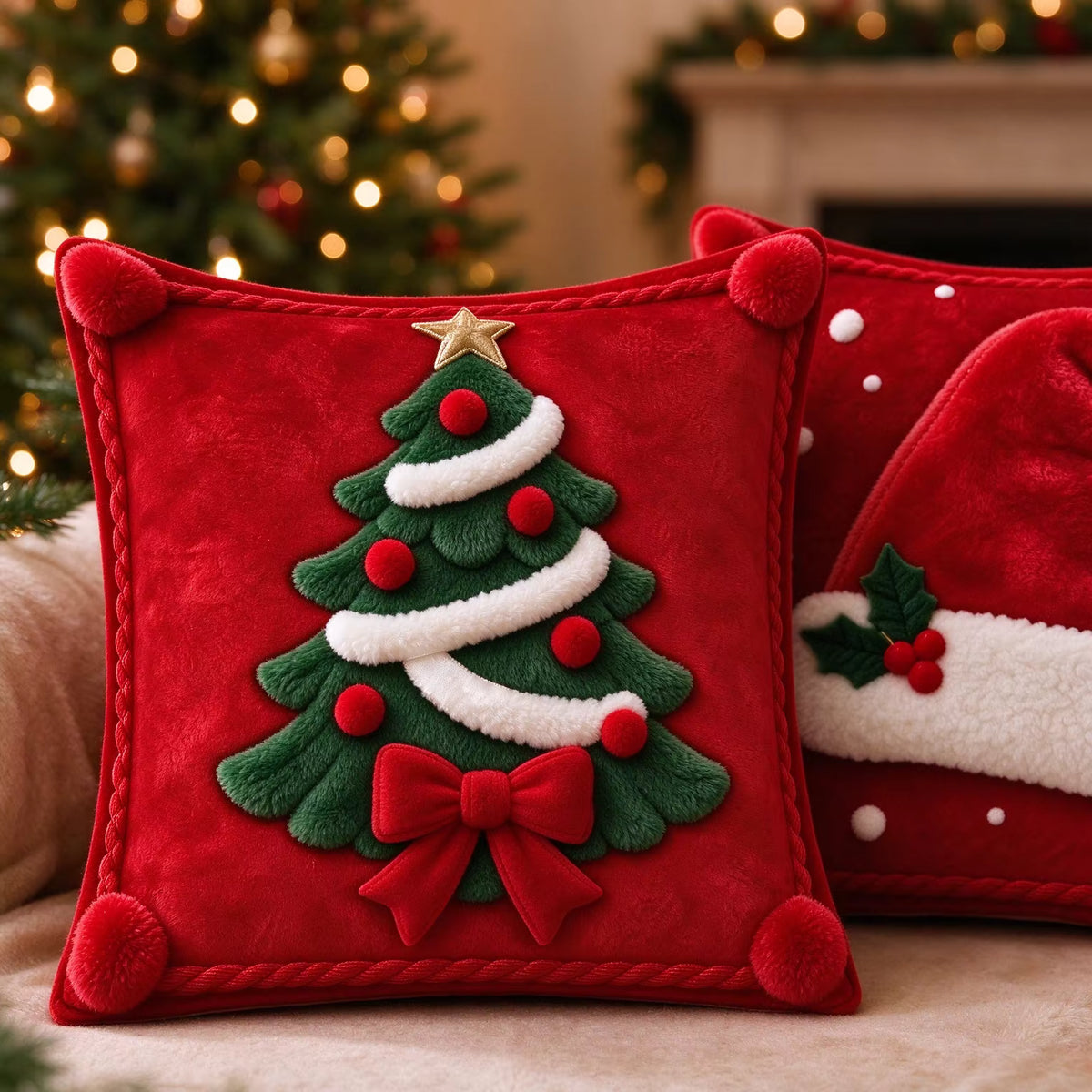 Christmas Pillow Cover — Santa Hat & Xmas Tree Design