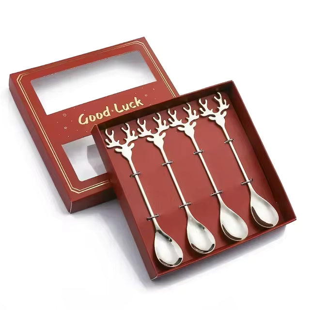 Christmas Stainless Steel Spoon & Fork Set with Reindeer & Christmas Tree | Festive Table Decor | New Year Gift.