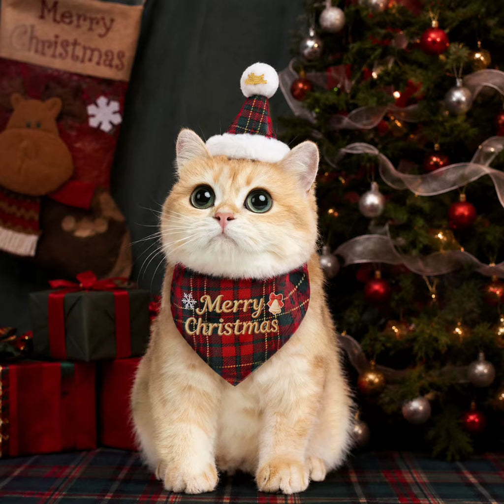 Cute Christmas Pet Accessories Set, Plaid Bandana Scarf and Hat for Dogs and Cats