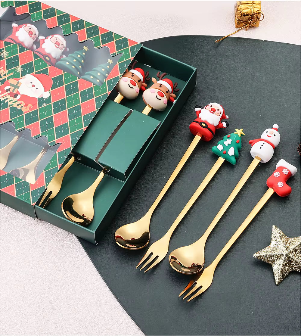 Christmas Stainless Steel Spoon & Fork Set with Reindeer & Christmas Tree | Festive Table Decor | New Year Gift.