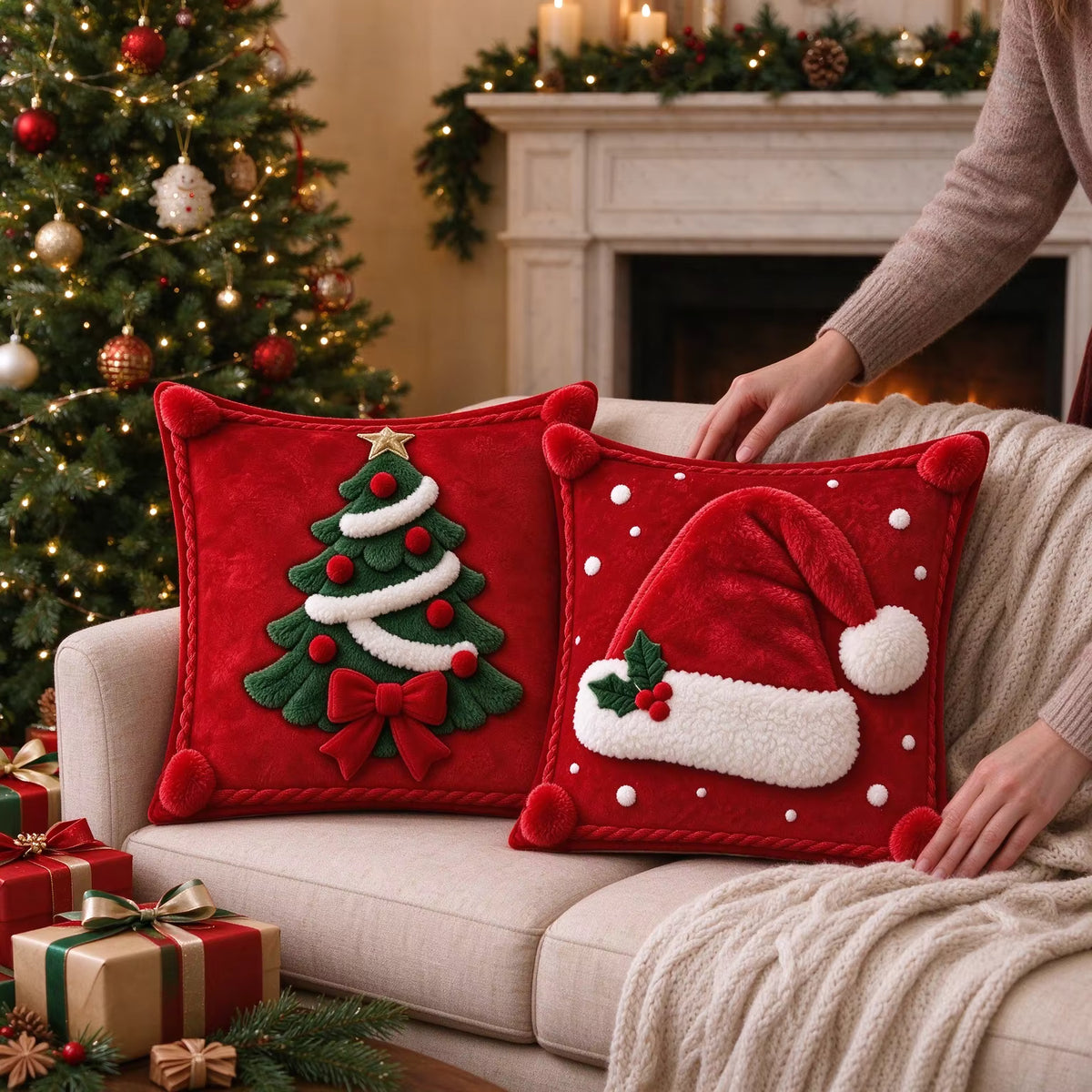Christmas Pillow Cover — Santa Hat & Xmas Tree Design