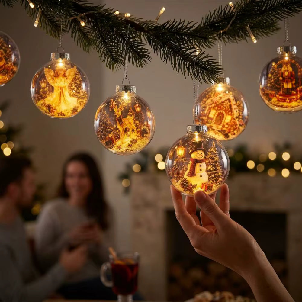 Christmas Lighted Ornament — Acrylic Ball with Holiday Figures