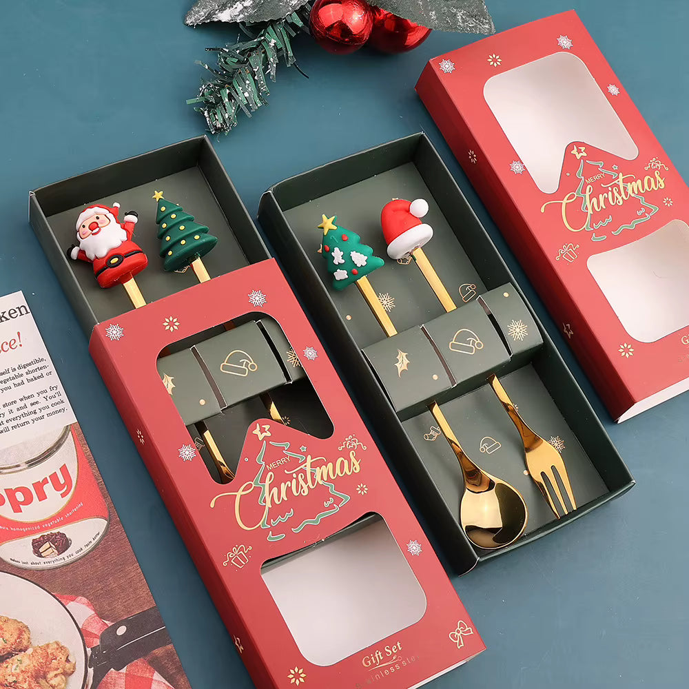 Christmas Stainless Steel Spoon & Fork Set with Reindeer & Christmas Tree | Festive Table Decor | New Year Gift.