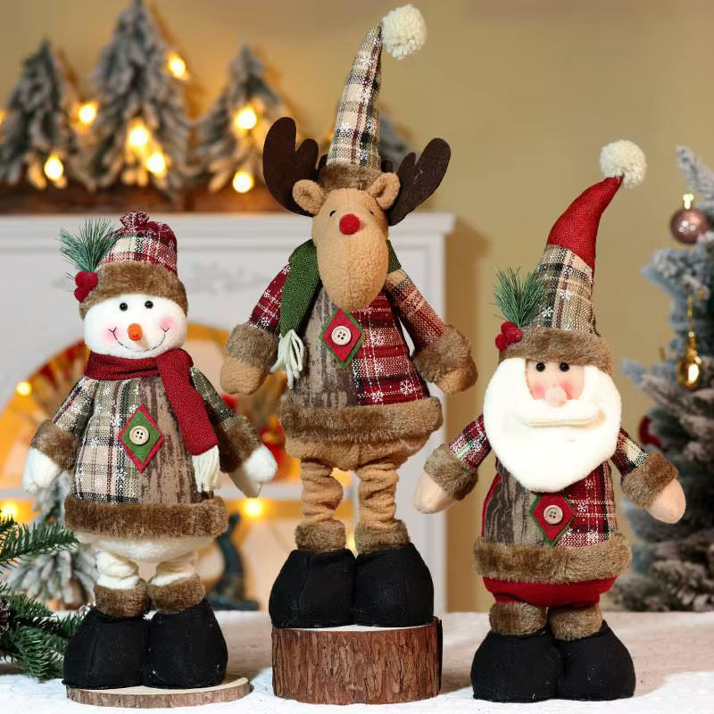 Christmas Standing Plush Ornament – Retractable Long Leg Santa & Snowman Figure