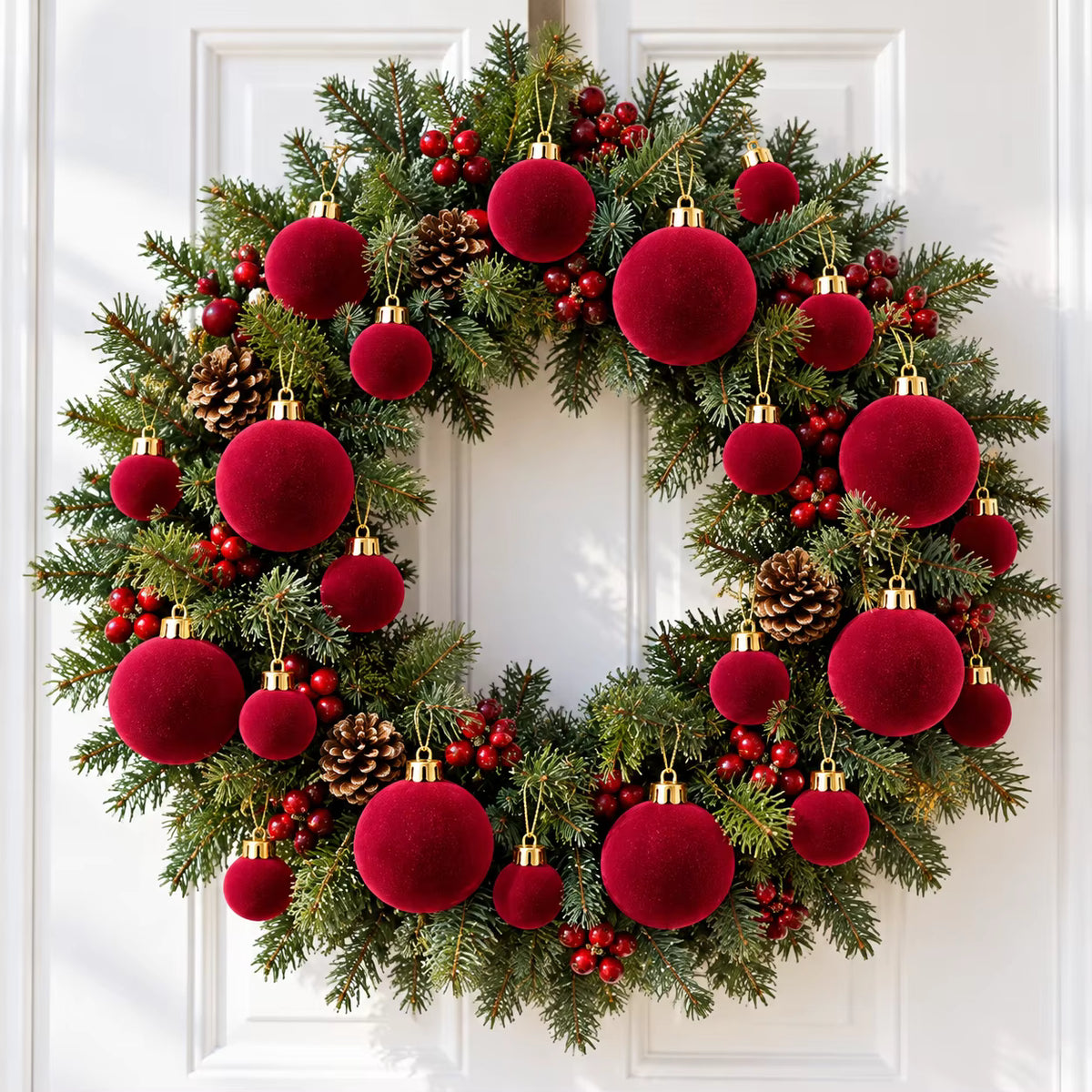 Luxury Burgundy Christmas Ornaments 44PCS – Velvet Shatterproof Tree Baubles