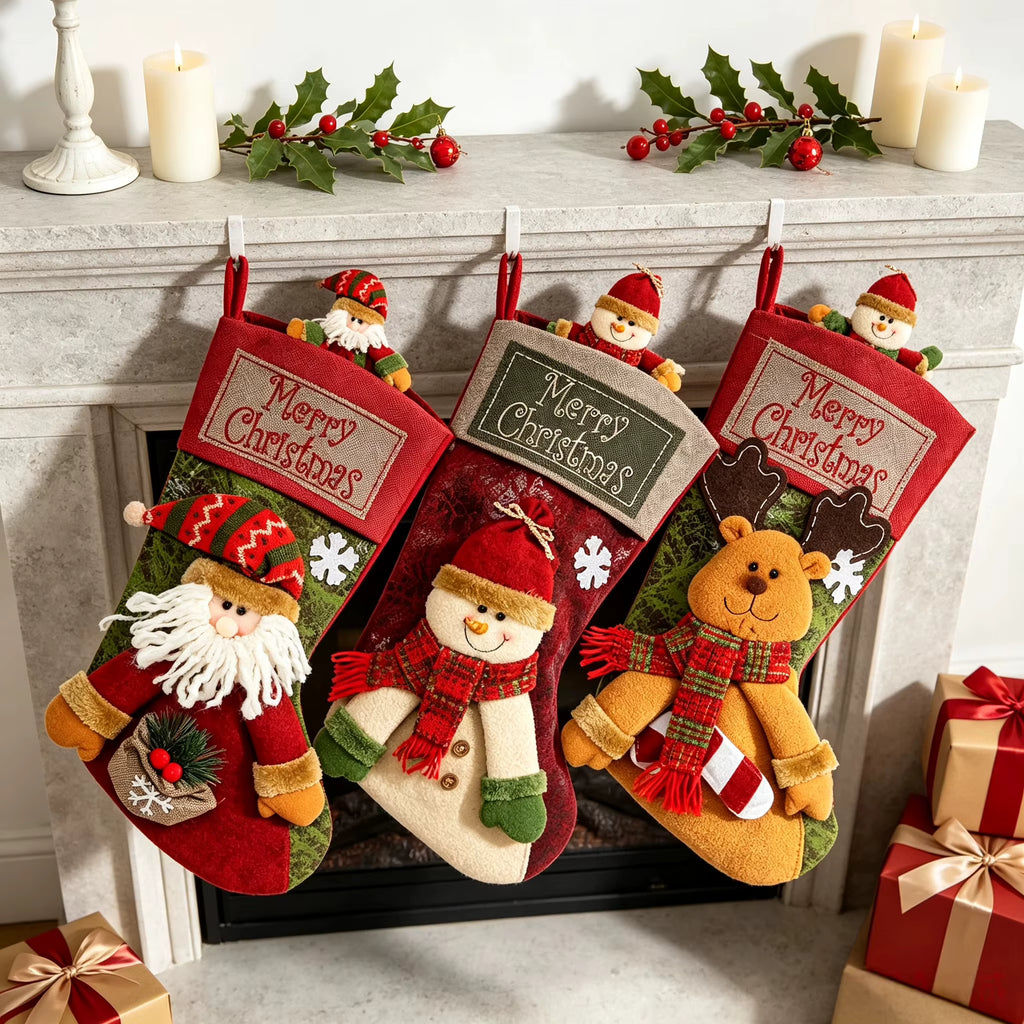 🎄 Christmas Stockings 18" — Festive Santa, Snowman, Reindeer & Bear Set