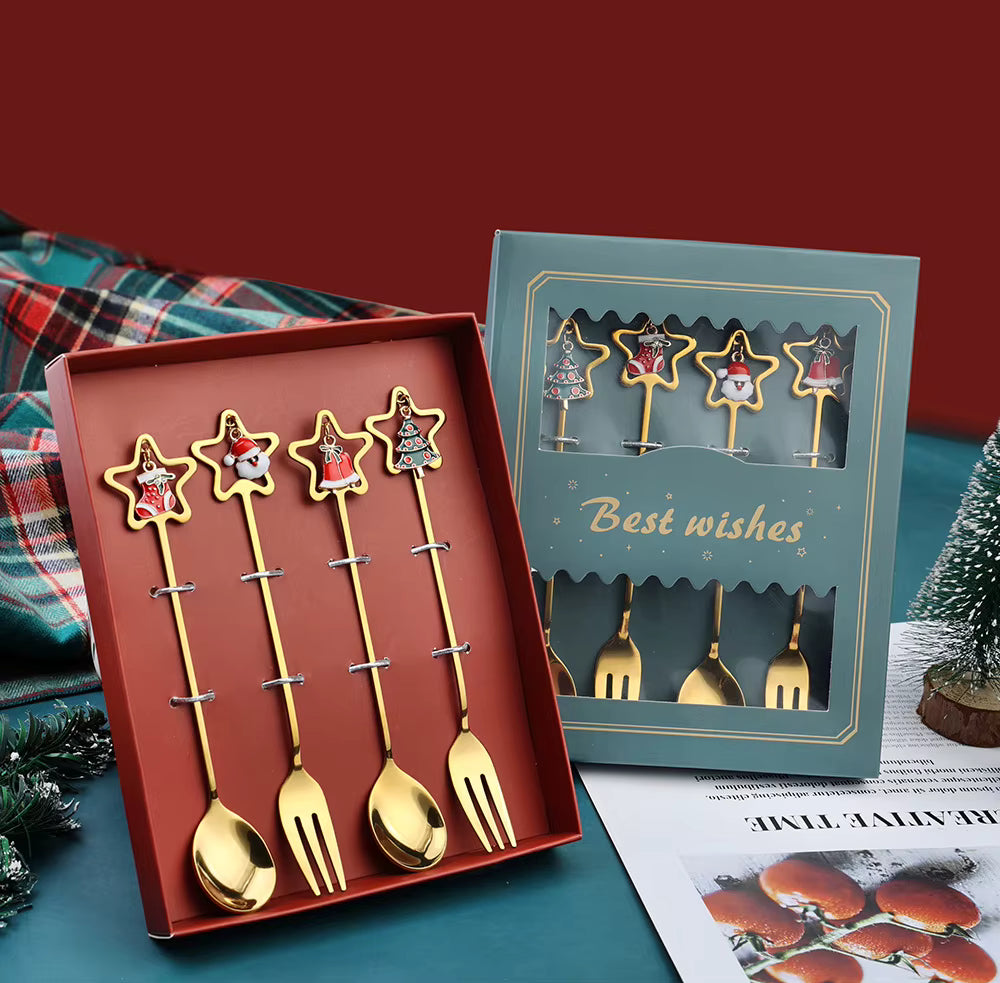 Christmas Stainless Steel Spoon & Fork Set with Reindeer & Christmas Tree | Festive Table Decor | New Year Gift.