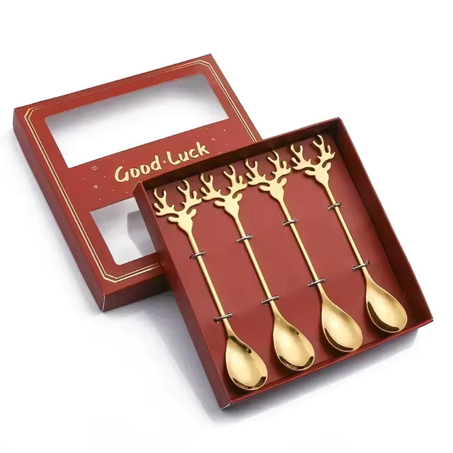 Christmas Stainless Steel Spoon & Fork Set with Reindeer & Christmas Tree | Festive Table Decor | New Year Gift.