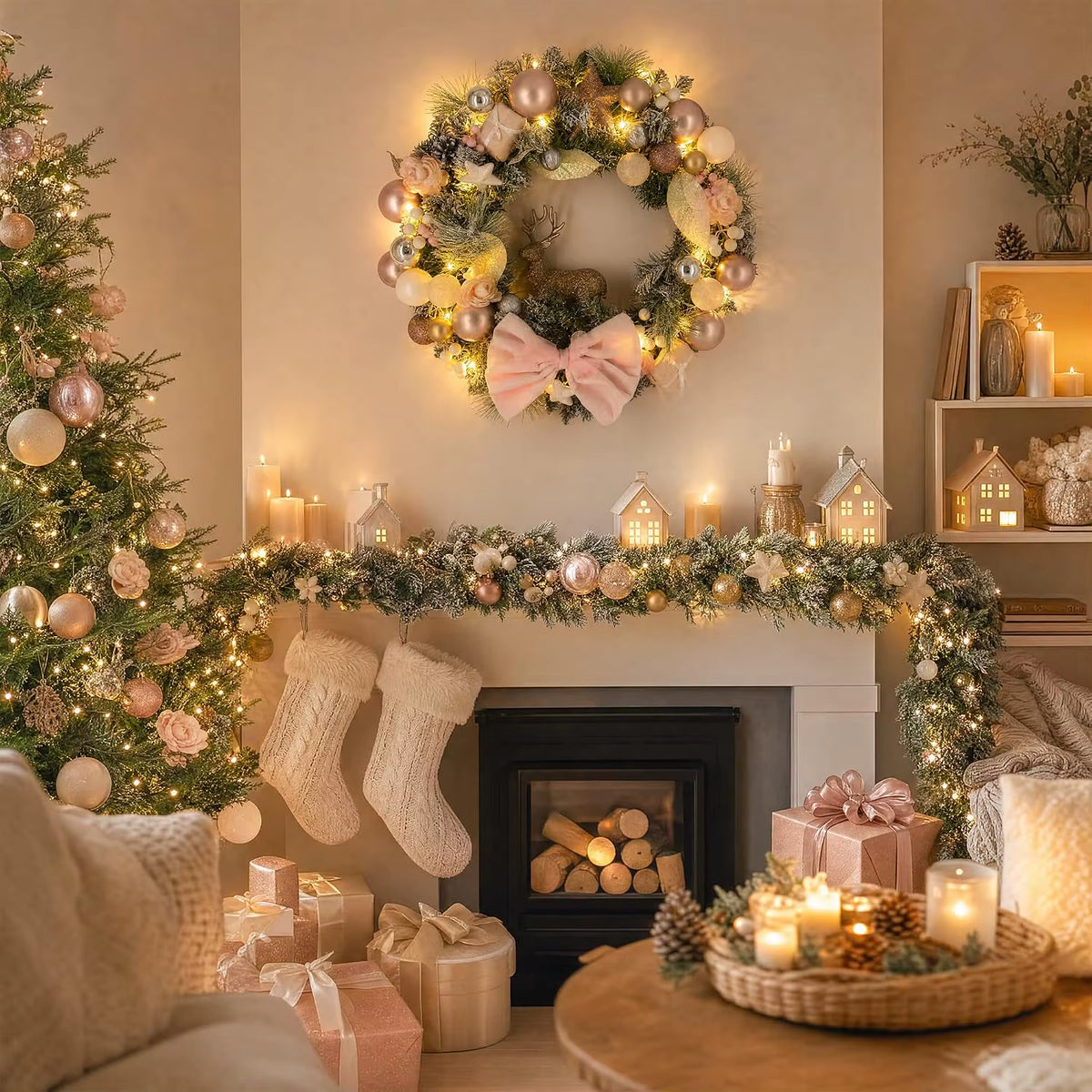 Christmas Hanging Wreath — Reindeer & Bow Decoration