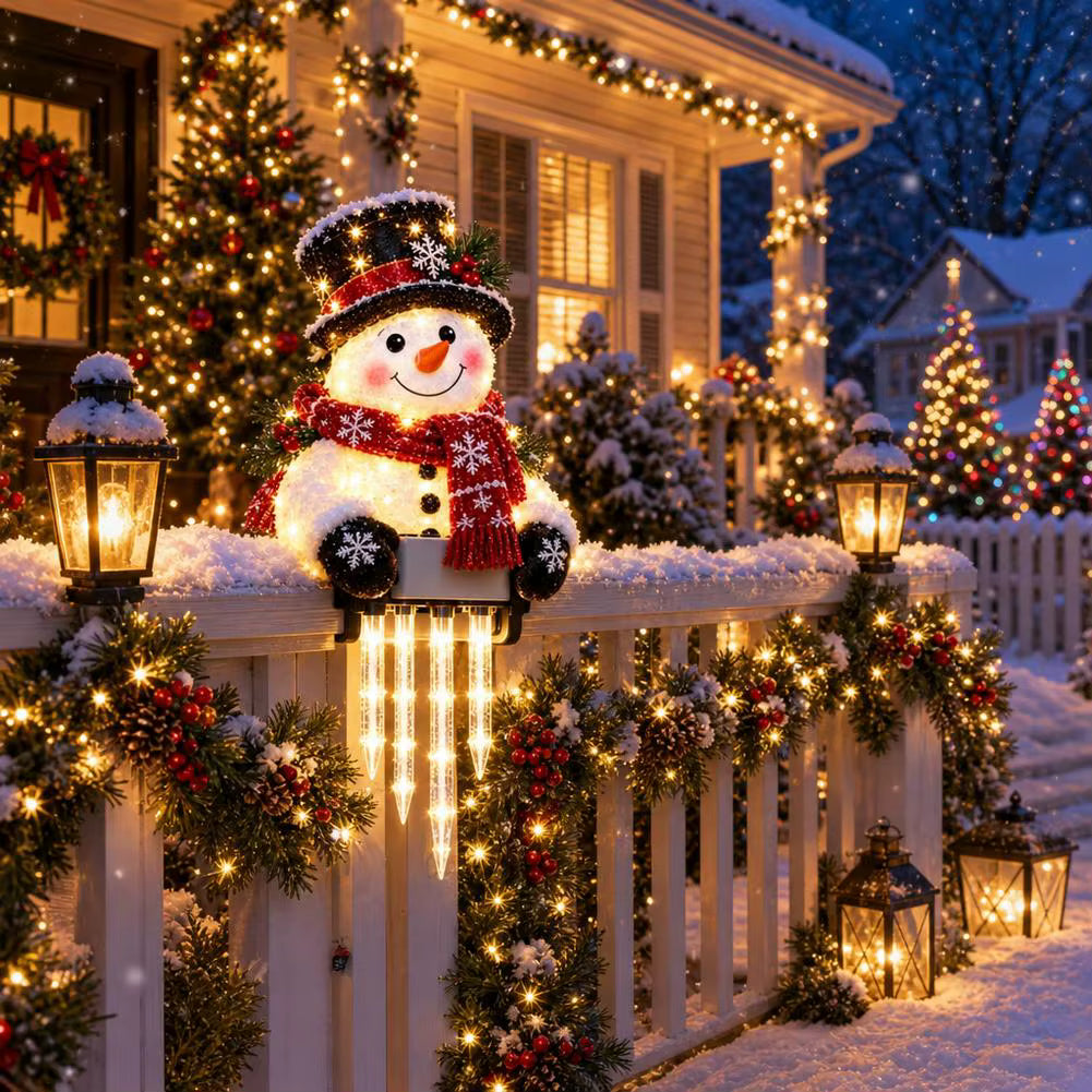 Christmas Porch Railing Decoration with Snowman, Santa, Reindeer and Penguin