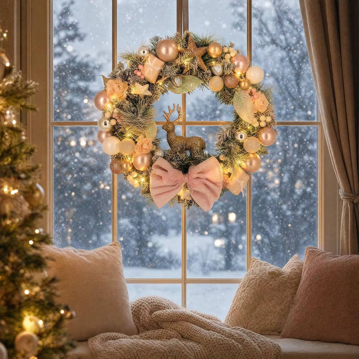 Christmas Hanging Wreath — Reindeer & Bow Decoration