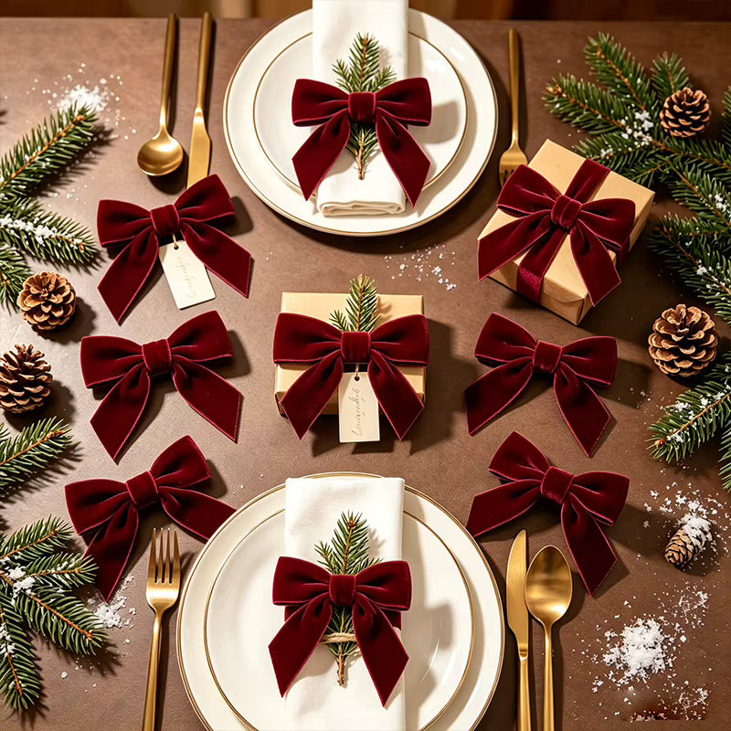 Vintage Red Velvet Christmas Bow Set – Decorative Ornaments for Tree & Gifts