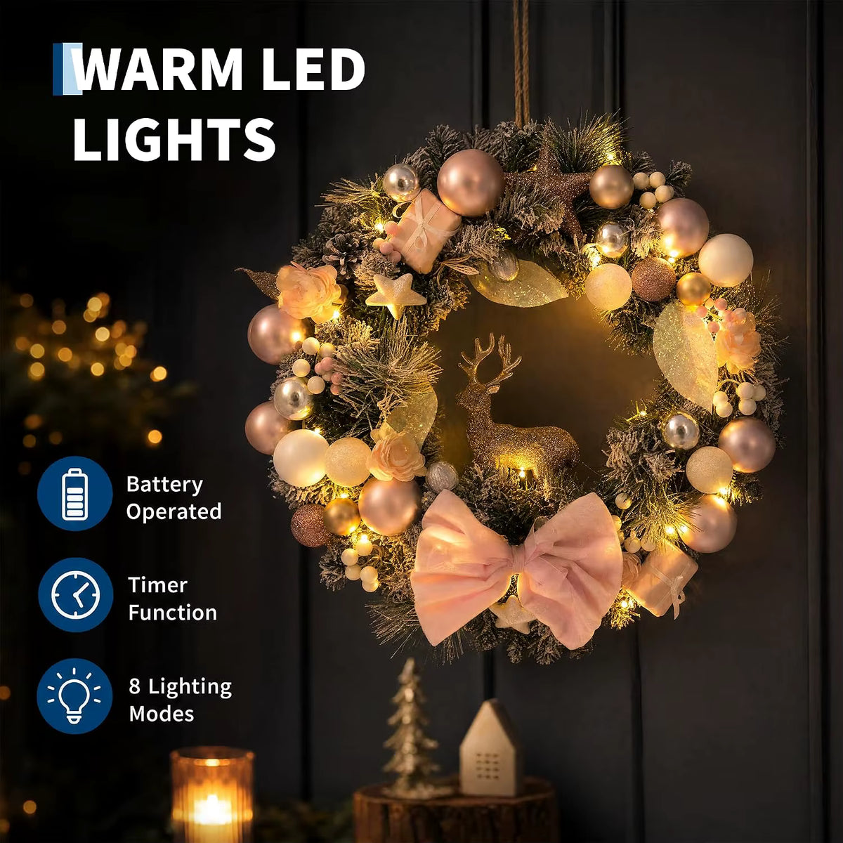 Christmas Hanging Wreath — Reindeer & Bow Decoration