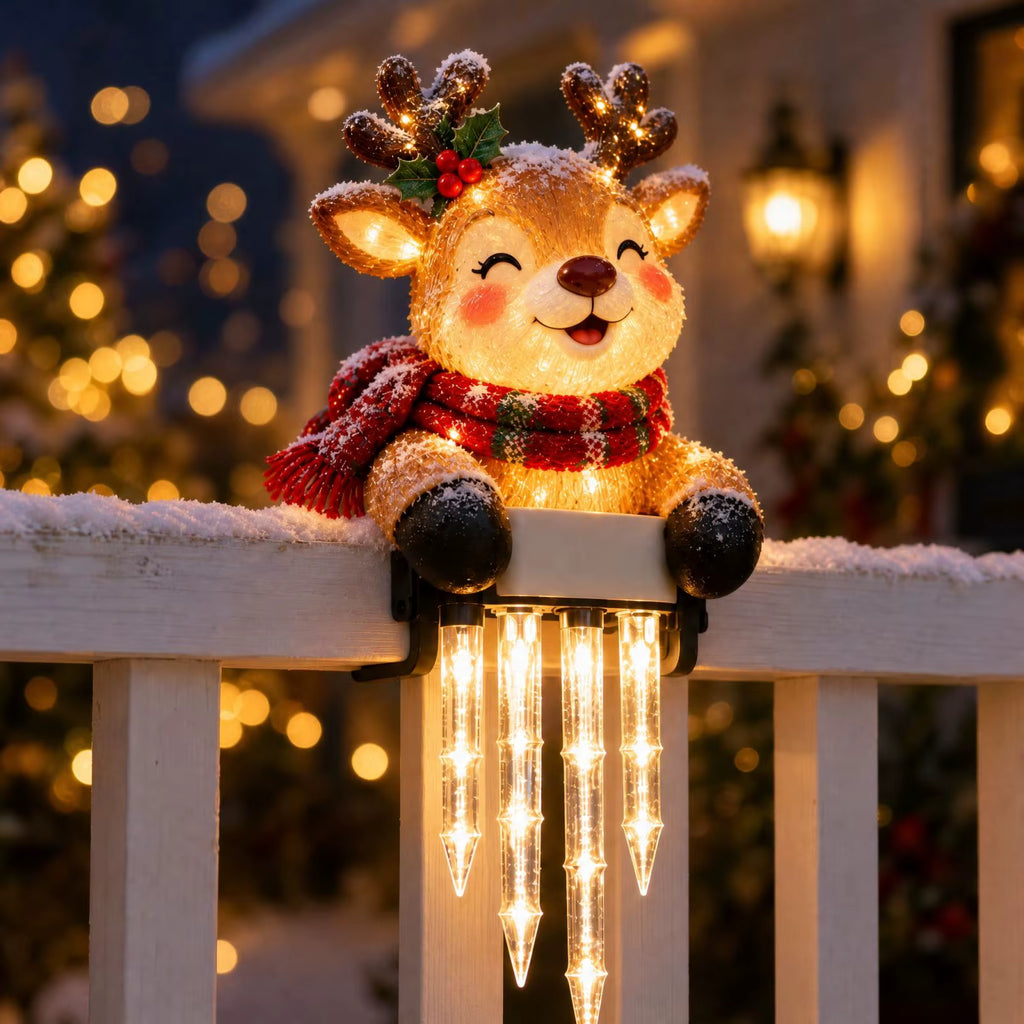 Christmas Porch Railing Decoration with Snowman, Santa, Reindeer and Penguin