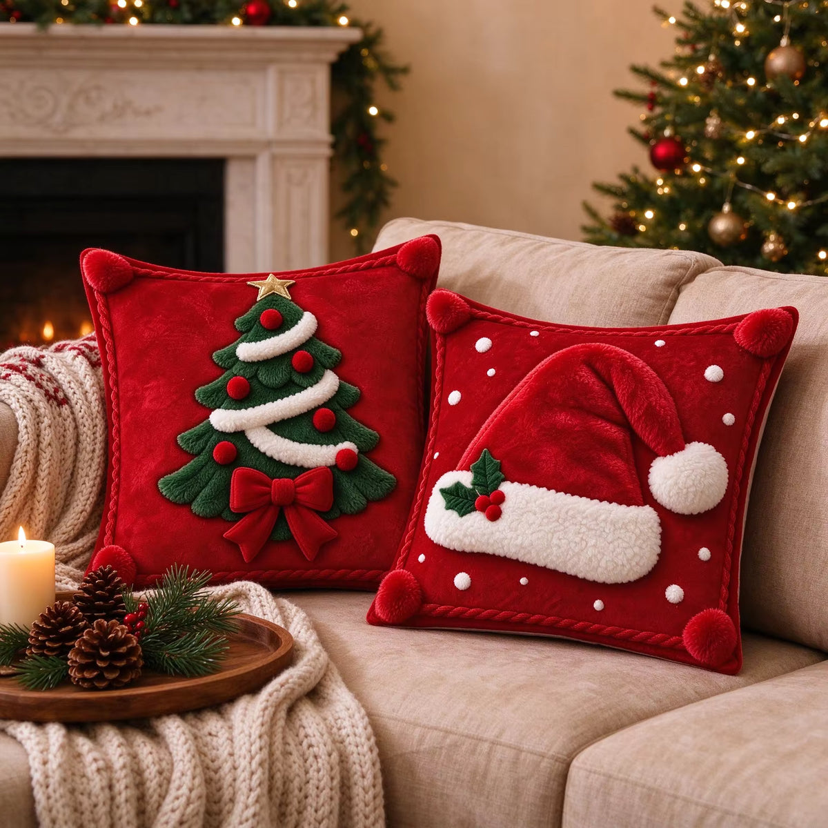 Christmas Pillow Cover — Santa Hat & Xmas Tree Design
