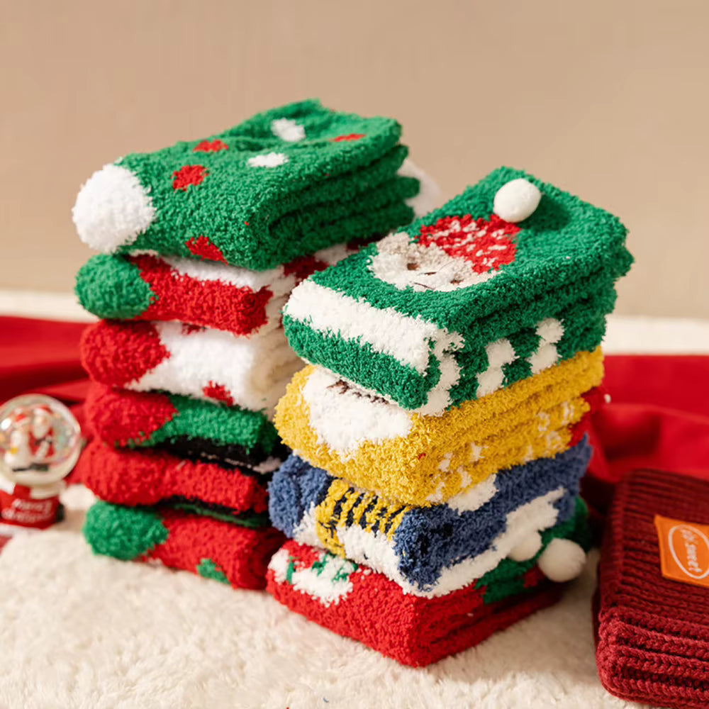 Cute Christmas Cartoon Plush Socks with Gift Box – Cozy Coral Fleece Winter Socks for Kids