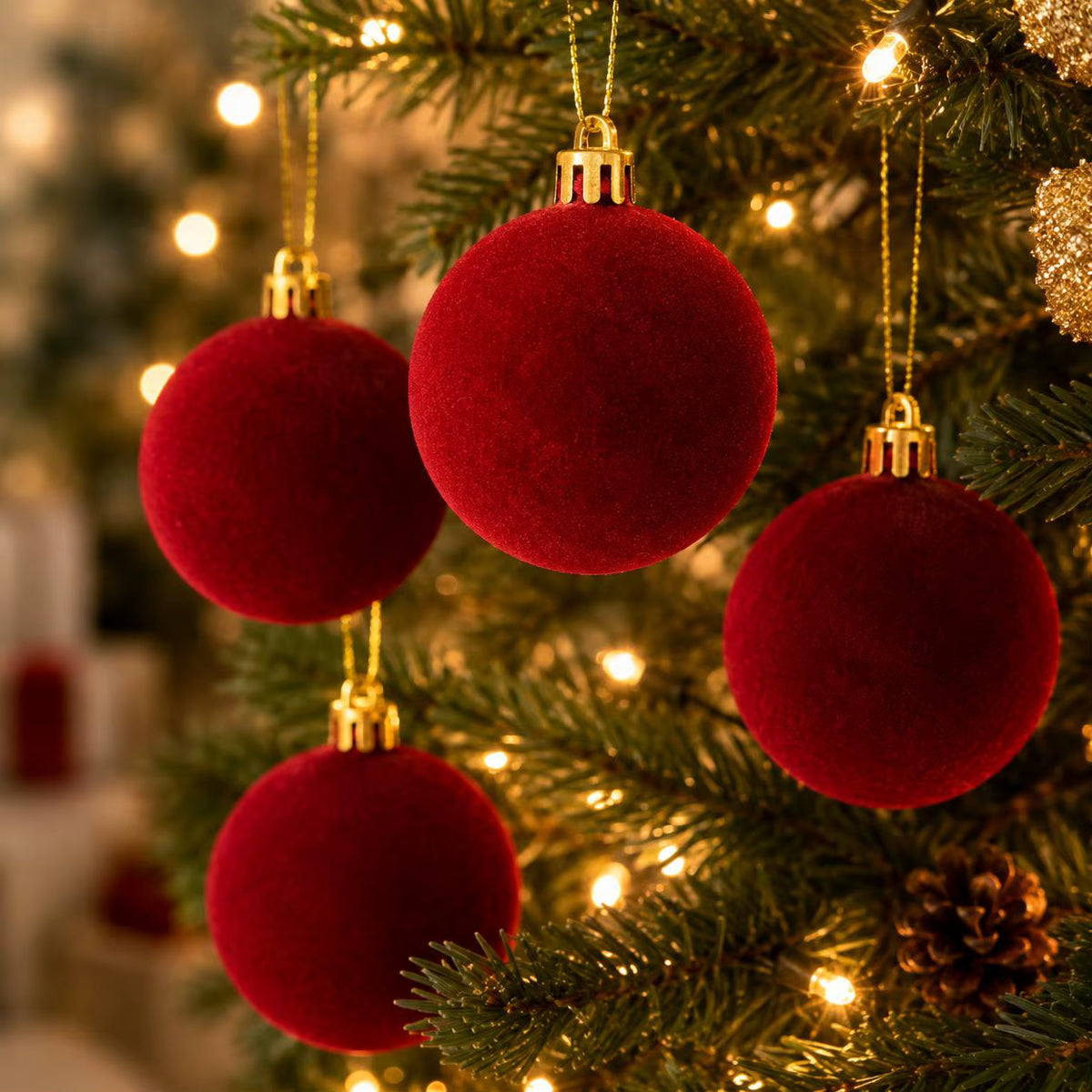 Luxury Burgundy Christmas Ornaments 44PCS – Velvet Shatterproof Tree Baubles