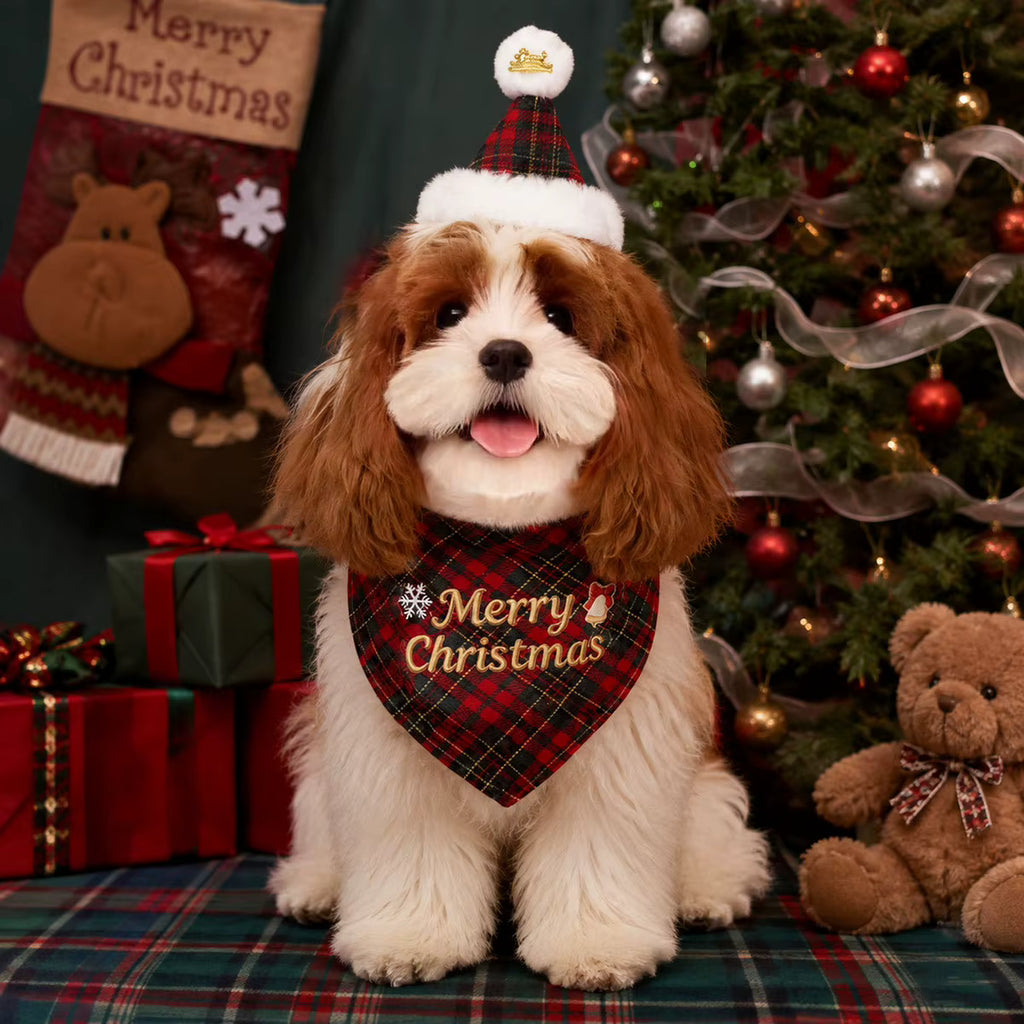 Cute Christmas Pet Accessories Set, Plaid Bandana Scarf and Hat for Dogs and Cats