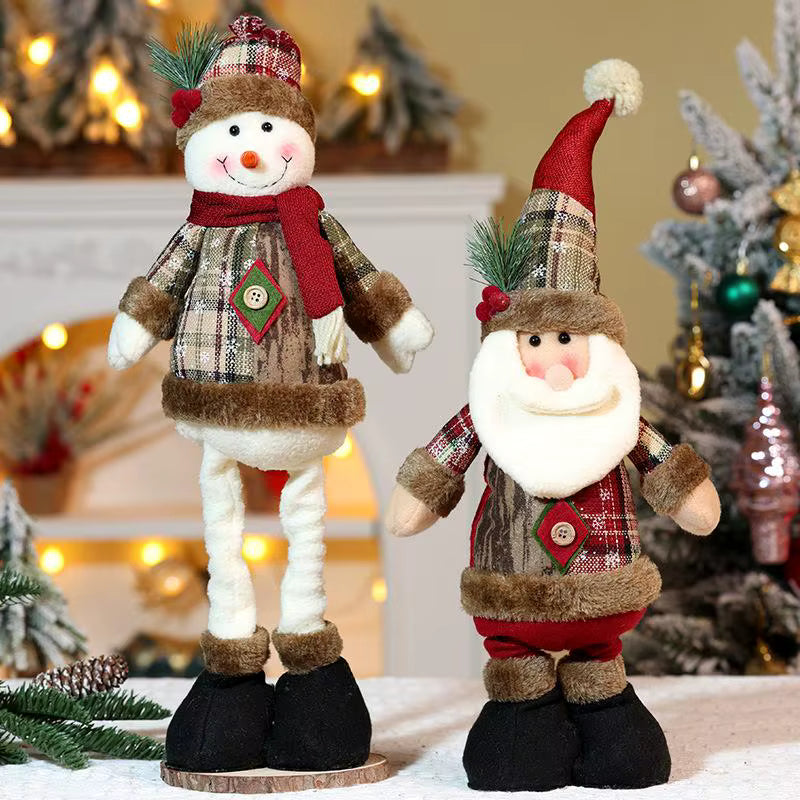 Christmas Standing Plush Ornament – Retractable Long Leg Santa & Snowman Figure