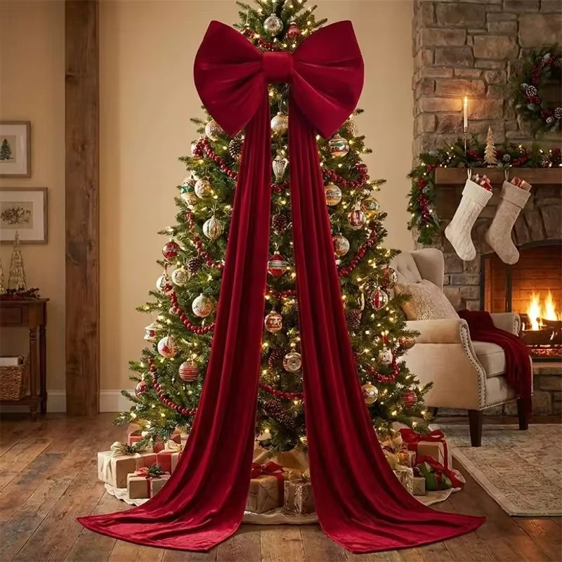 Retro Velvet Holiday Bow – Striking Long Red Ribbon Decoration