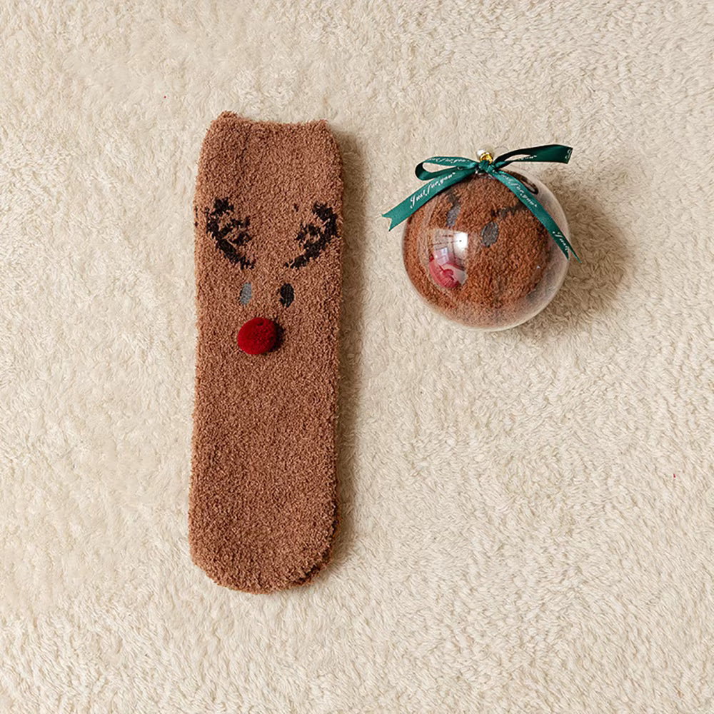Cute Christmas Cartoon Plush Socks with Gift Box – Cozy Coral Fleece Winter Socks for Kids