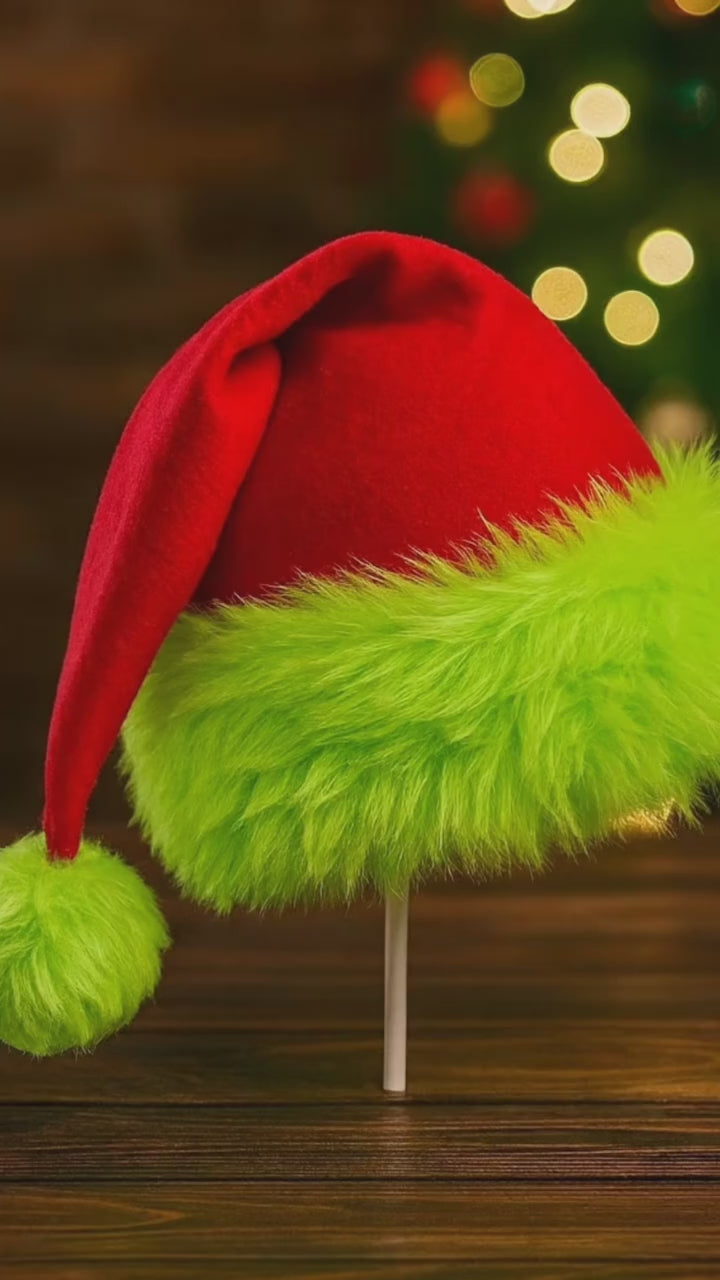Unisex Holiday Cheer Christmas Hat – Plush Red Velvet & Grinch-Green Furry Trim Santa Cap for Festive Parties & Holiday Photos